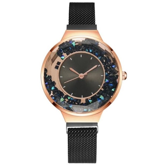 Chic Contrast: Rose Goldtone Fashion Watch with Black Strap and Blue Crystals - Picture 1 of 1